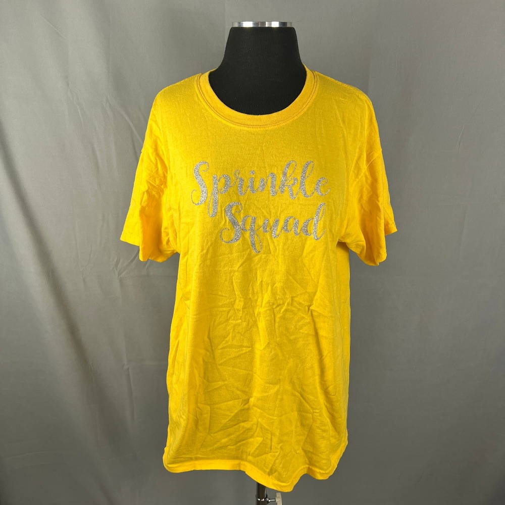 Gildan T Shirt Womens Large Yellow Sprinkle Squad Graphic Heavy Cotton Everyday